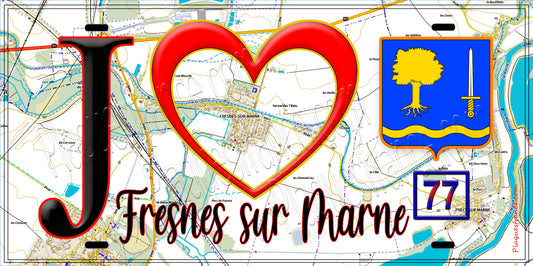 Plaque métal décorative  J' ❤️Fresnes-sur-Marne, Seine et Marne (77) fond carte