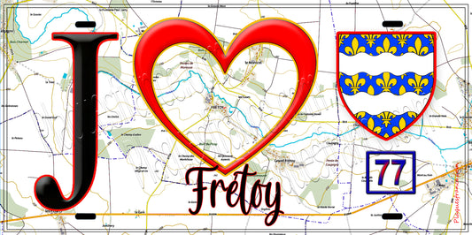 Plaque métal décorative  J' ❤️Frétoy, Seine et Marne (77) fond carte