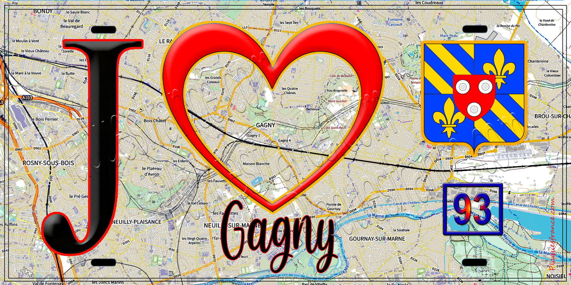 Plaque métal décorative  J' ❤️Gagny, Seine Saint Denis (93) fond carte
