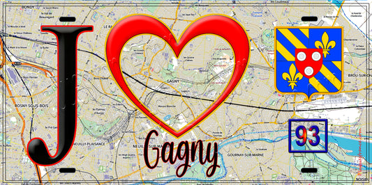 Plaque métal décorative  J' ❤️Gagny, Seine Saint Denis (93) fond carte