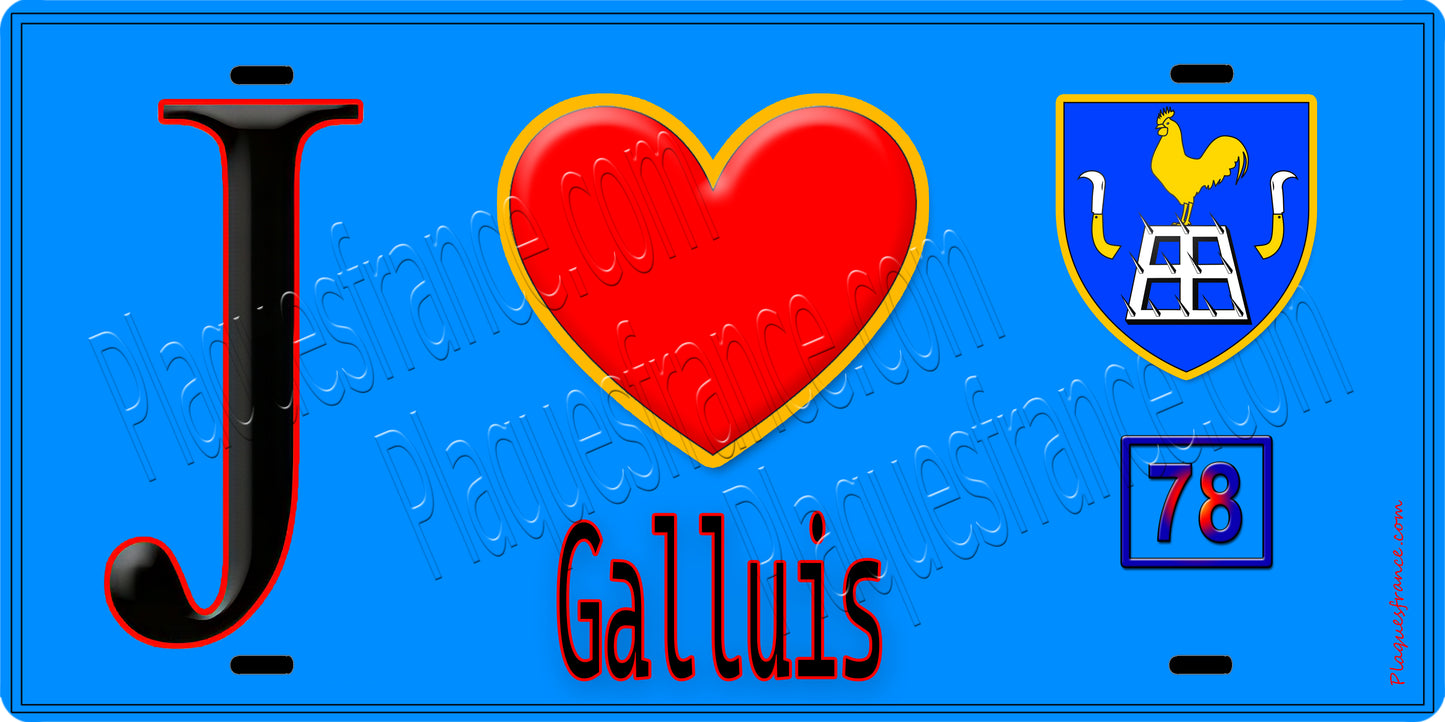 Plaque métal décorative  J' ❤️ Galluis, Yvelines (78) fond bleu