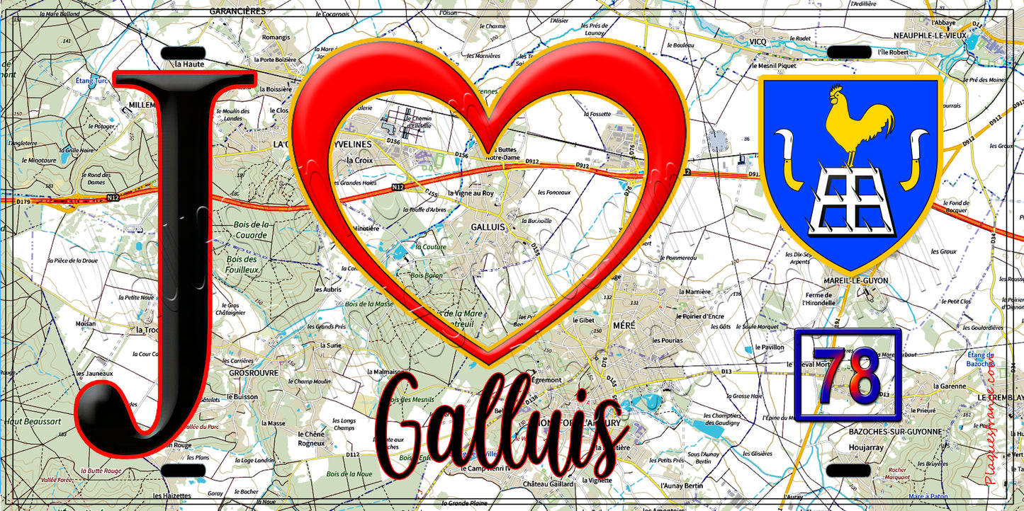 Plaque métal décorative  J' ❤️ Galluis, Yvelines (78) fond carte