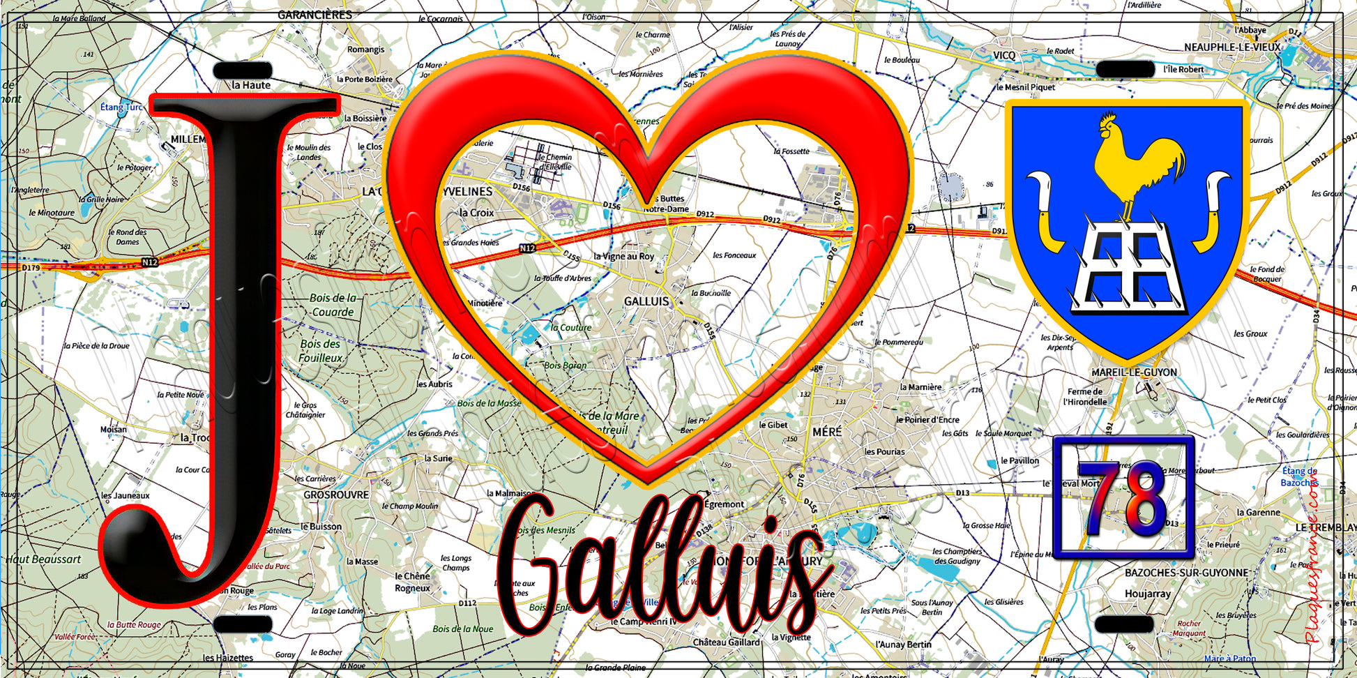 Plaque métal décorative  J' ❤️ Galluis, Yvelines (78) fond carte