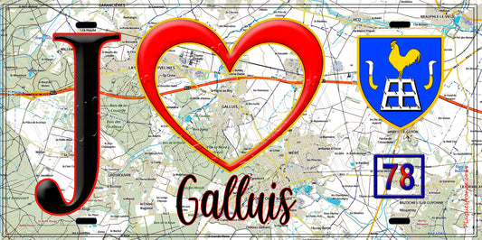 Plaque métal décorative  J' ❤️ Galluis, Yvelines (78) fond carte