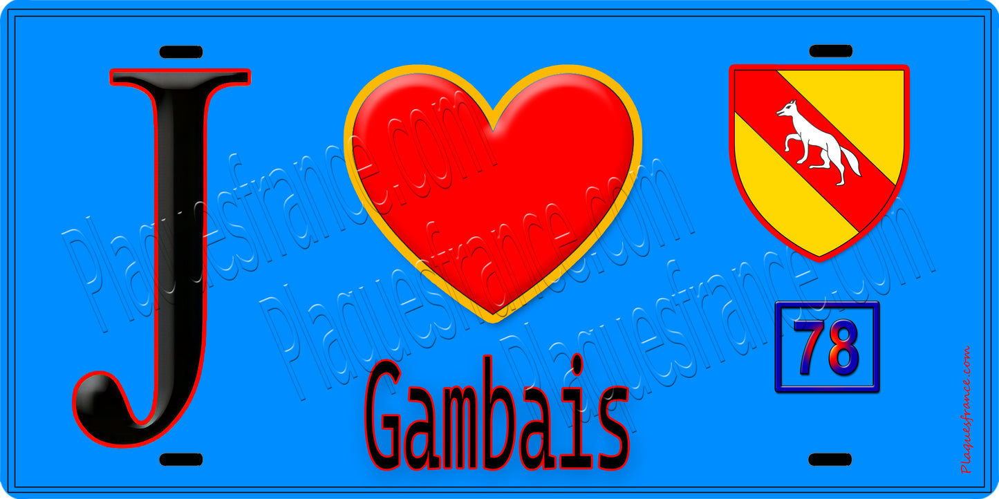 Plaque métal décorative  J' ❤️ Gambais, Yvelines (78) fond bleu