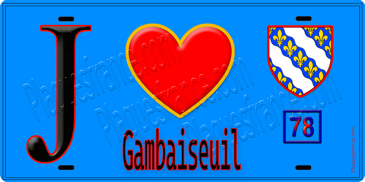 Plaque métal décorative  J' ❤️ Gambaiseuil, Yvelines (78) fond bleu