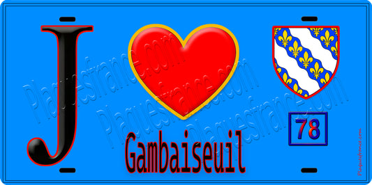 Plaque métal décorative  J' ❤️ Gambaiseuil, Yvelines (78) fond bleu