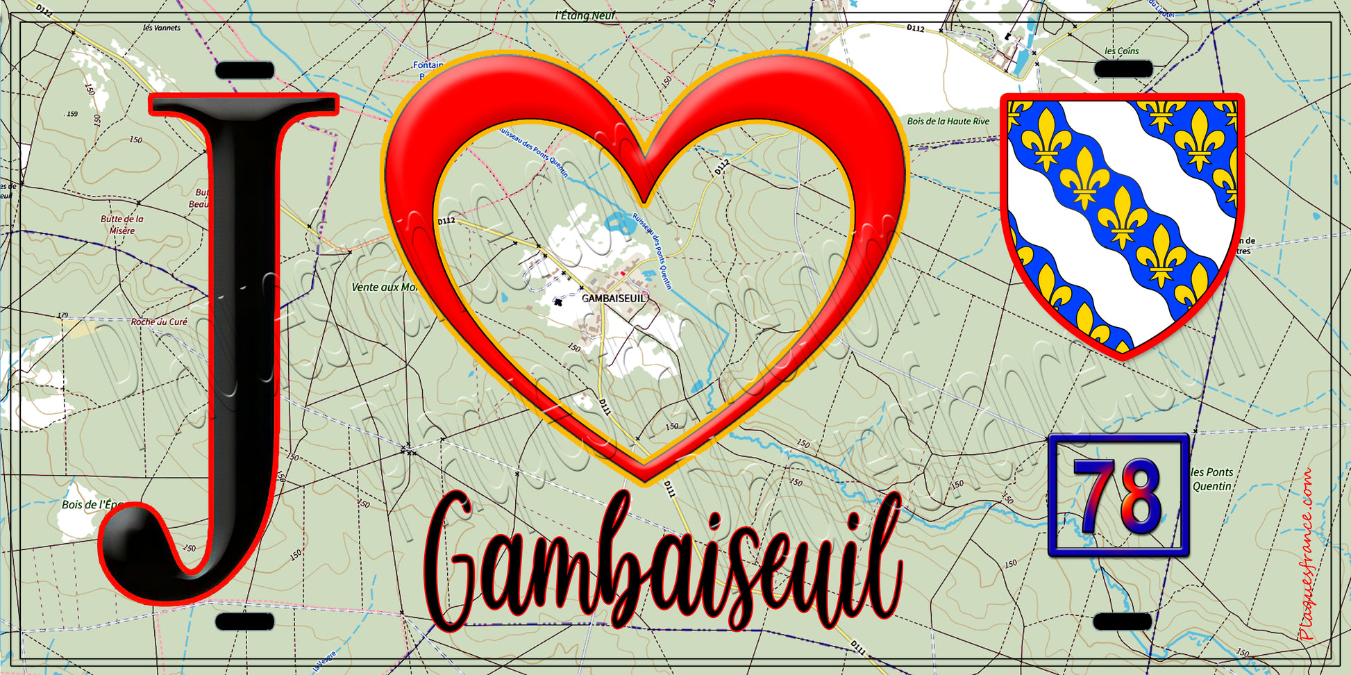 Plaque métal décorative  J' ❤️ Gambaiseuil, Yvelines (78) fond carte