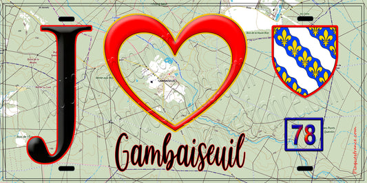 Plaque métal décorative  J' ❤️ Gambaiseuil, Yvelines (78) fond carte