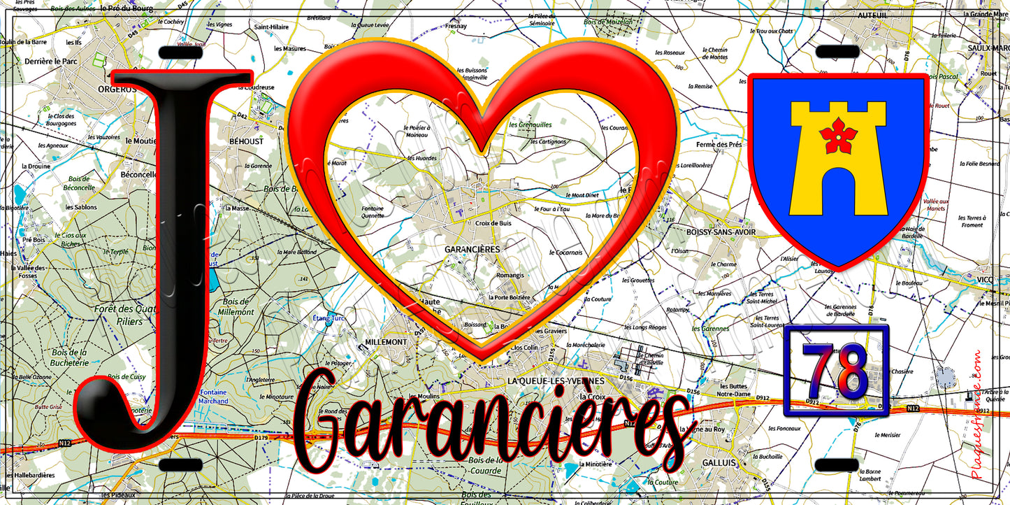 Plaque métal décorative  J' ❤️ Garancières, Yvelines (78)