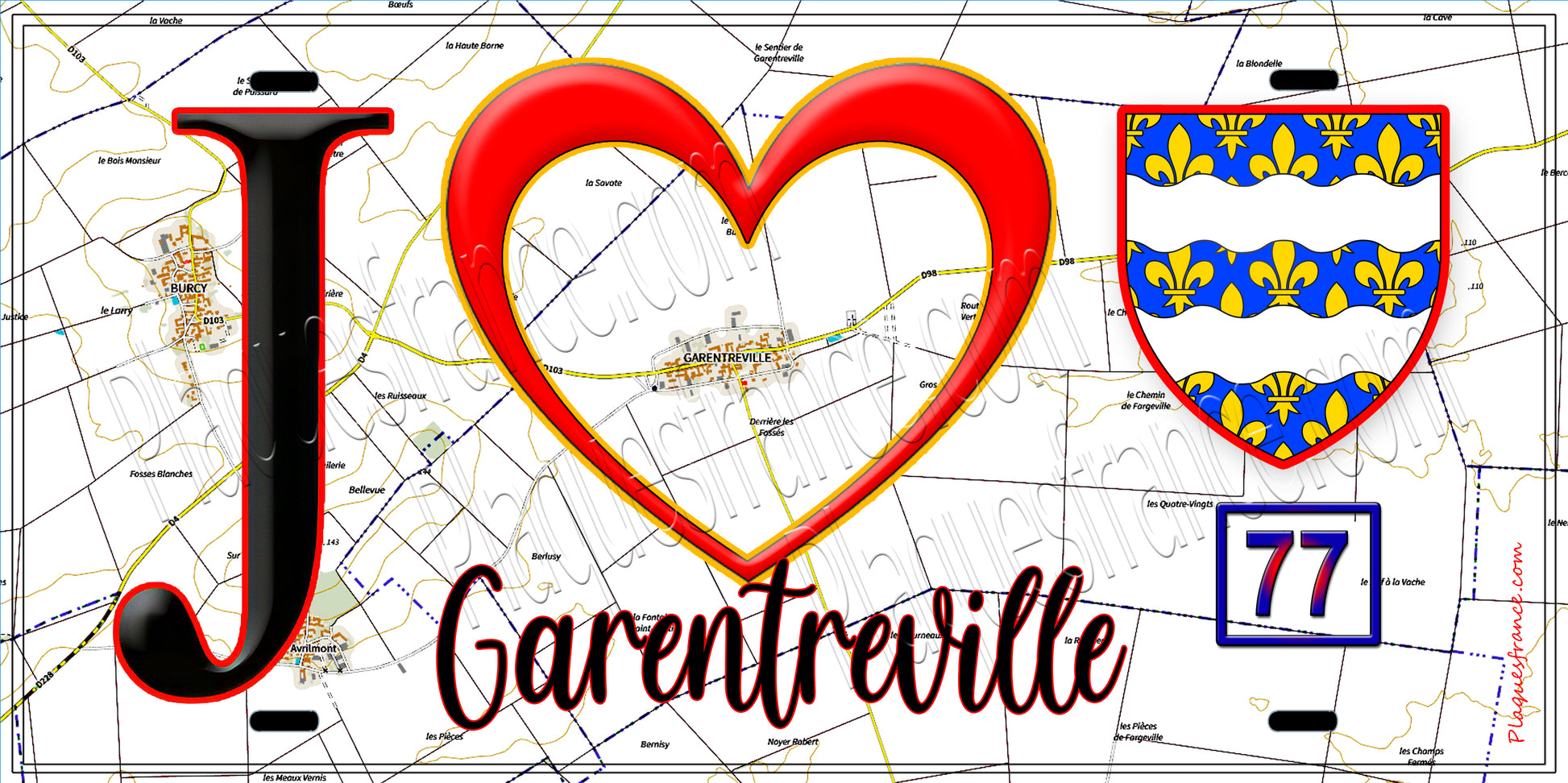 Plaque métal décorative  J' ❤️Garentreville, Seine et Marne (77) fond carte