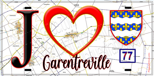 Plaque métal décorative  J' ❤️Garentreville, Seine et Marne (77) fond carte