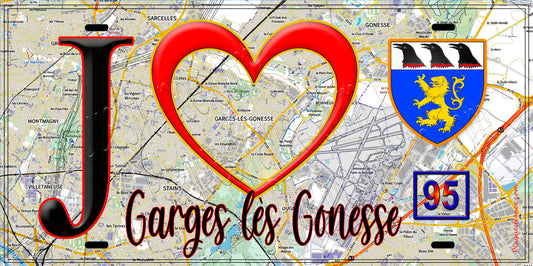 Plaque métal décorative  J' ❤️Garges‑lès‑Gonesse, Val d'Oise (95) fond carte