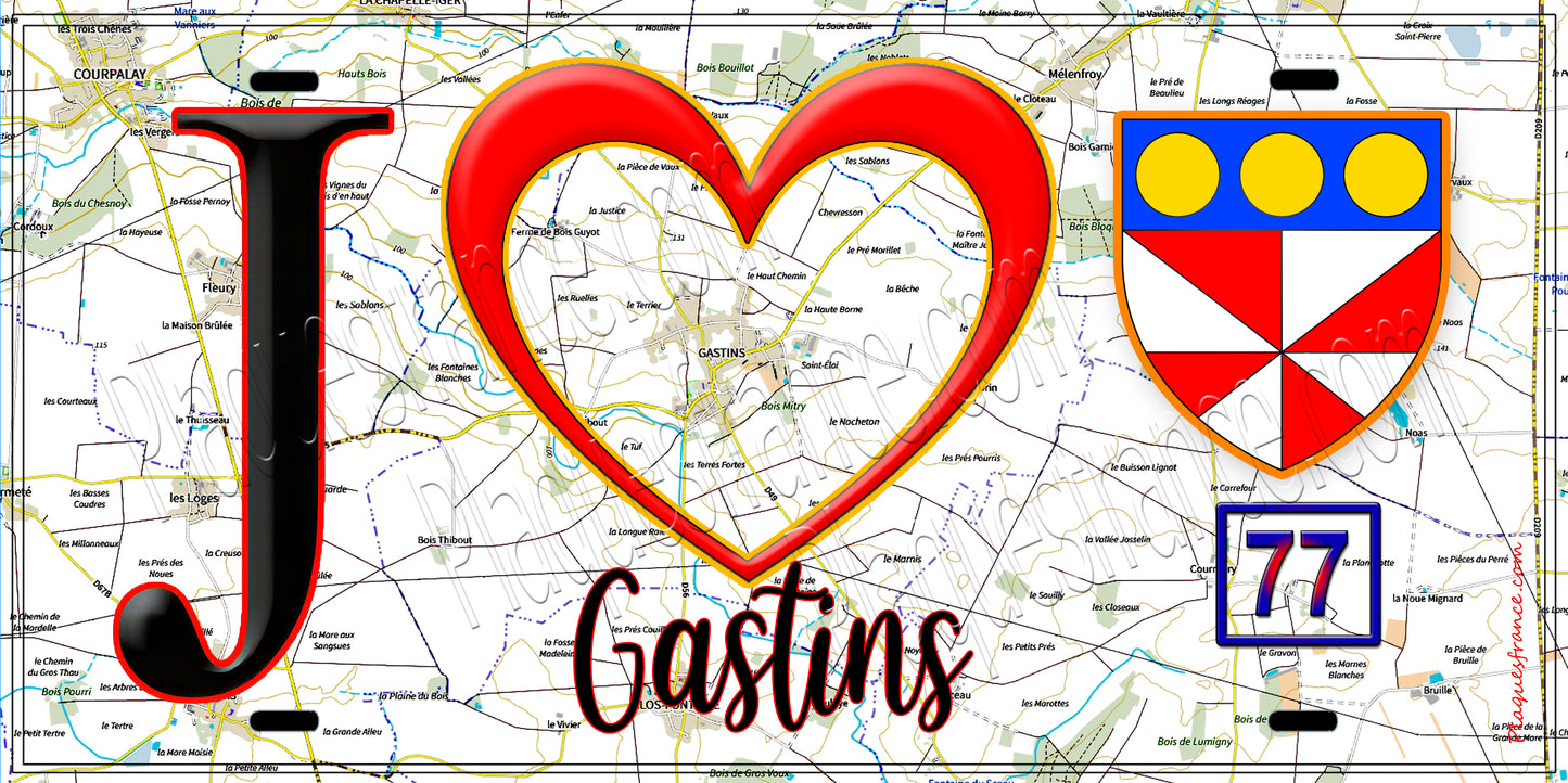 Plaque métal décorative  J' ❤️Gastins, Seine et Marne (77) fond carte