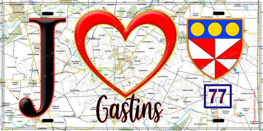 Plaque métal décorative  J' ❤️Gastins, Seine et Marne (77) fond carte