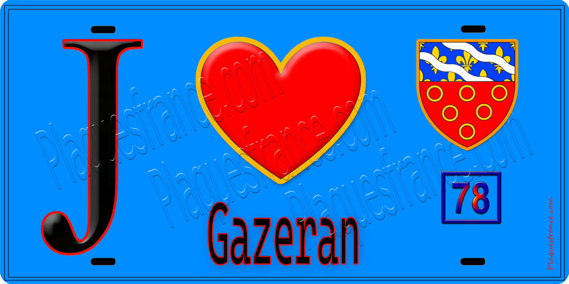 Plaque métal décorative  J' ❤️ Gazeran, Yvelines (78) fond bleu
