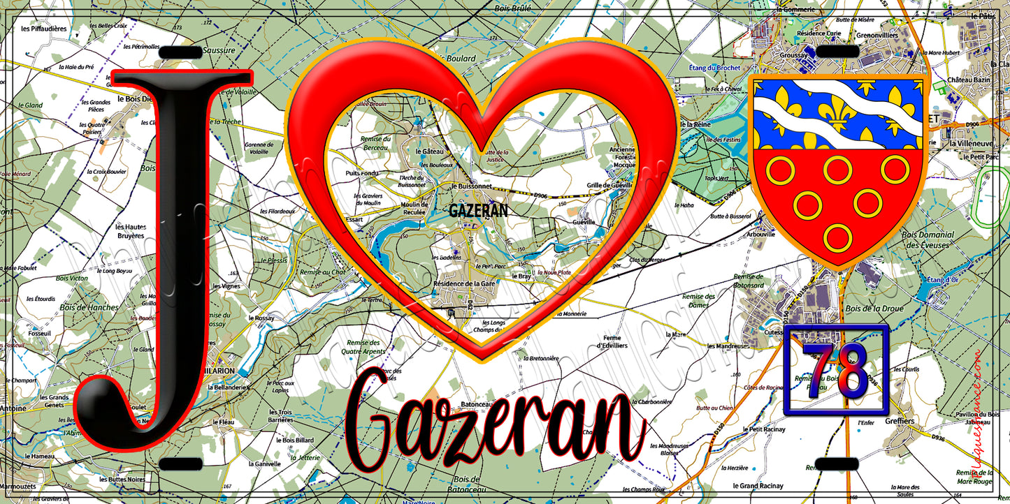 Plaque métal décorative  J' ❤️ Gazeran, Yvelines (78) fond carte