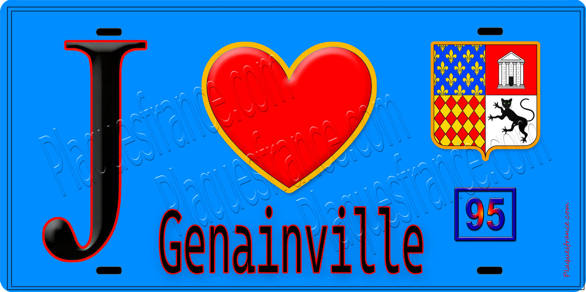 Plaque métal décorative  J' ❤️Genainville, Val d'Oise (95) fond bleu