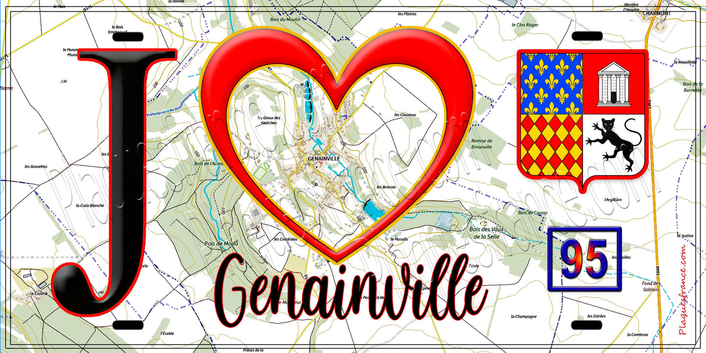 Plaque métal décorative  J' ❤️Genainville, Val d'Oise (95) fond carte