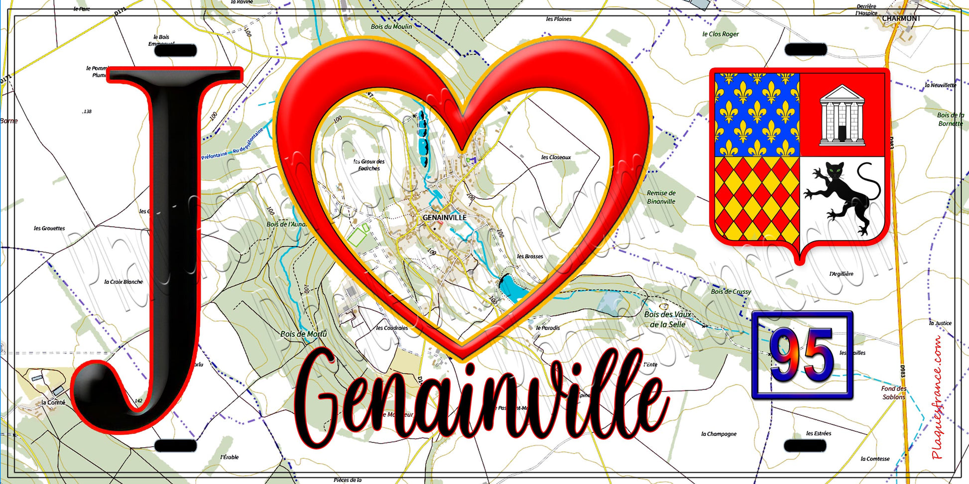 Plaque métal décorative  J' ❤️Genainville, Val d'Oise (95) fond carte