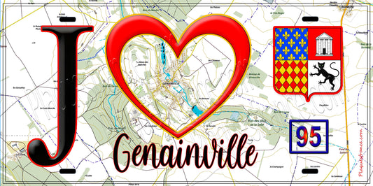 Plaque métal décorative  J' ❤️Genainville, Val d'Oise (95) fond carte