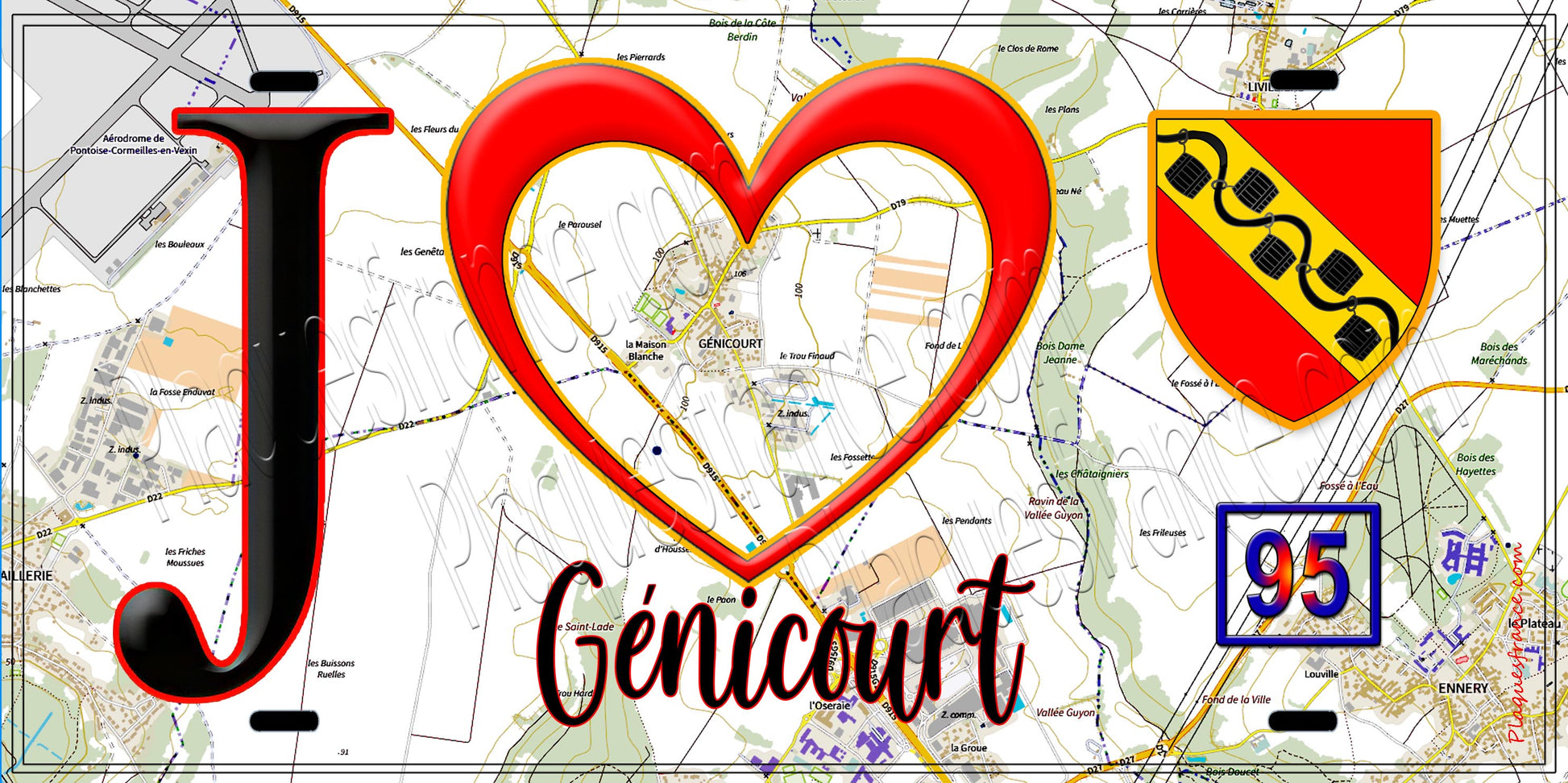 Plaque métal décorative  J' ❤️Génicourt, Val d'Oise (95) fond carte