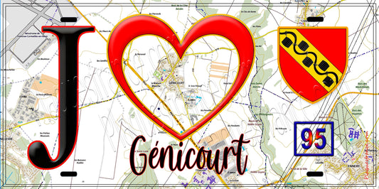 Plaque métal décorative  J' ❤️Génicourt, Val d'Oise (95) fond carte