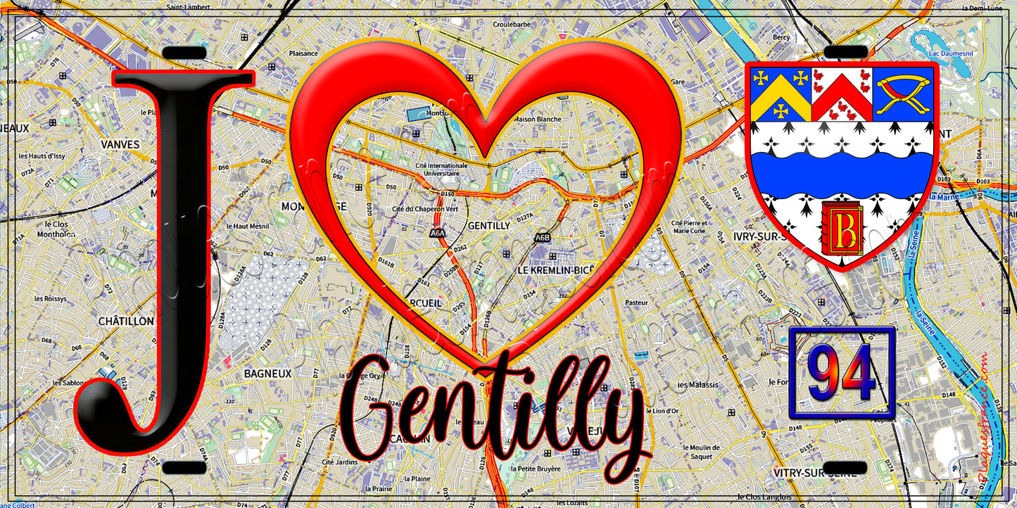 Plaque métal décorative  J' ❤️Gentilly, Val de Marne (94) fond carte