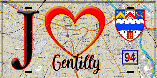 Plaque métal décorative  J' ❤️Gentilly, Val de Marne (94) fond carte