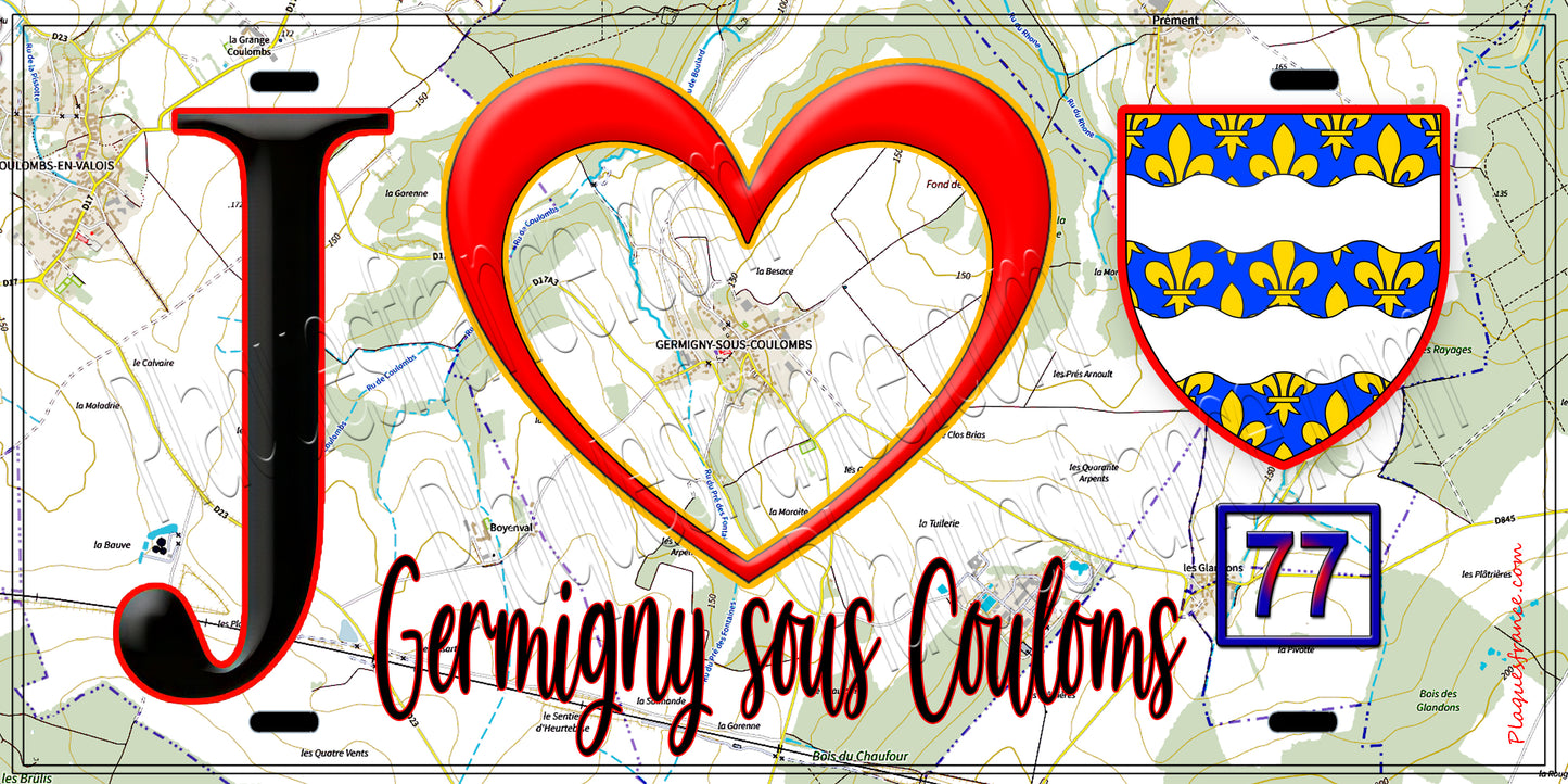 Plaque métal décorative  J' ❤️Germigny-sous-Coulombs, Seine et Marne (77) fond carte