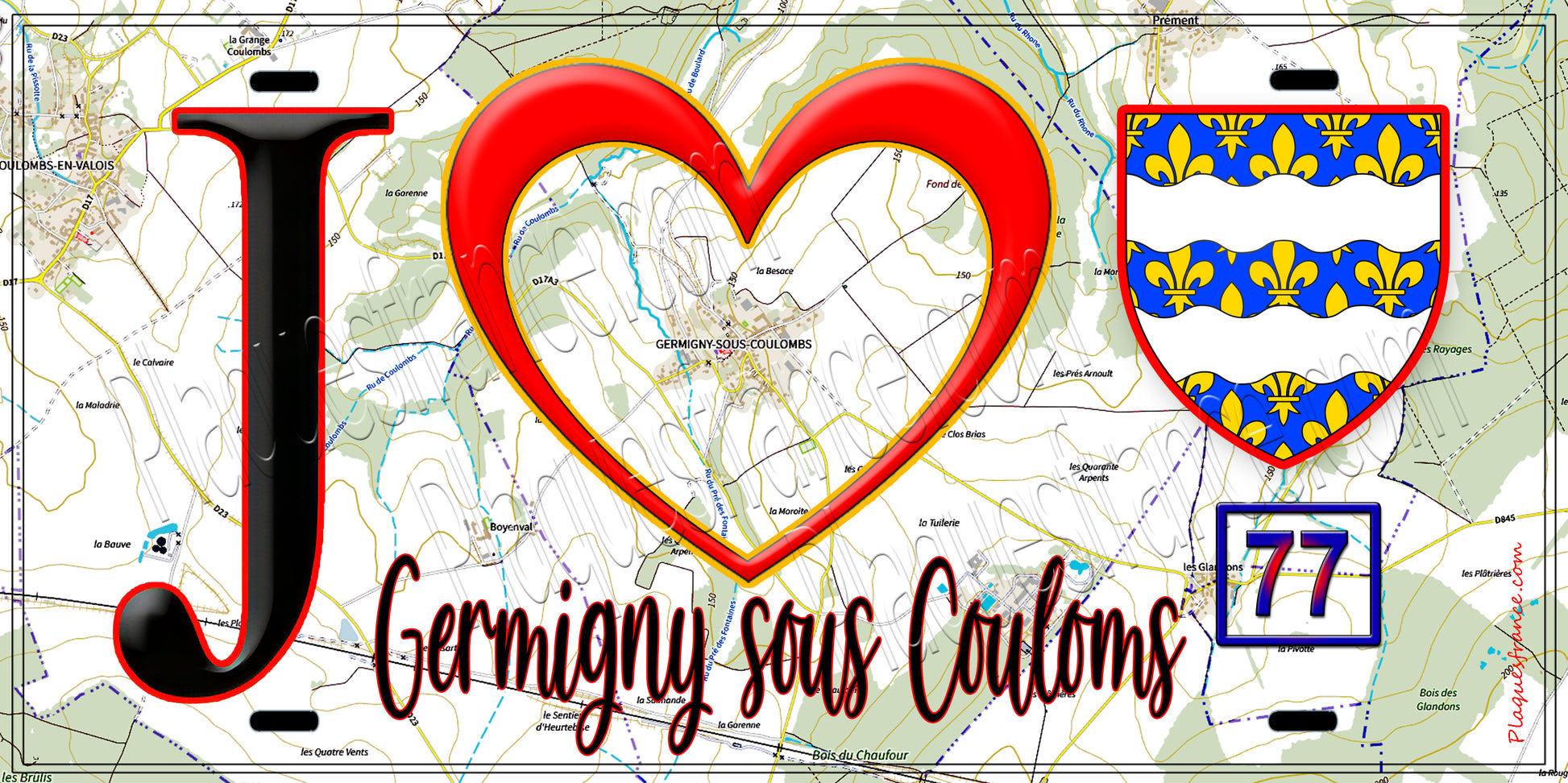 Plaque métal décorative  J' ❤️Germigny-sous-Coulombs, Seine et Marne (77) fond carte