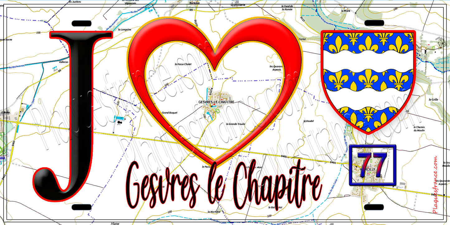 Plaque métal décorative  J' ❤️Gesvres-le-Chapitre, Seine et Marne (77) fond carte