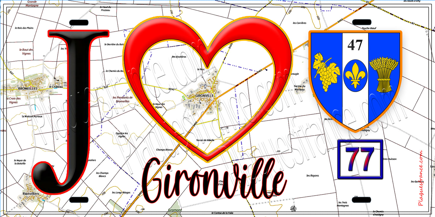 Plaque métal décorative  J' ❤️Gironville, Seine et Marne (77) fond carte