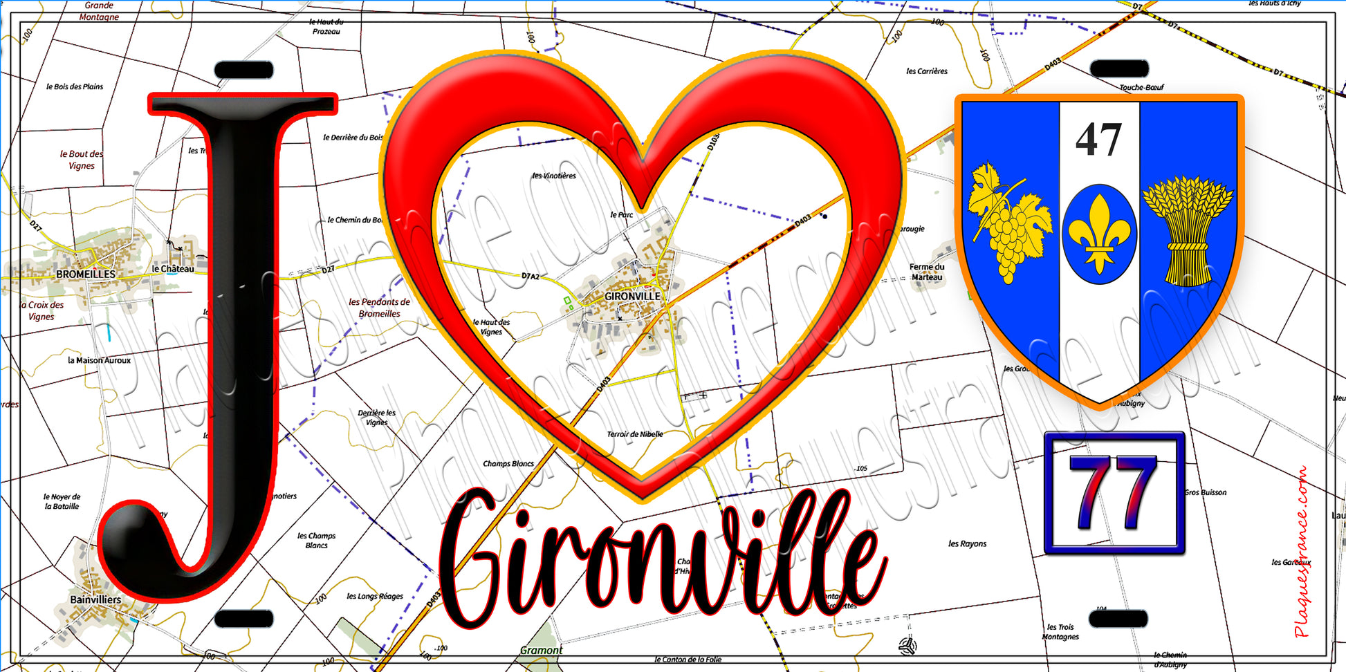 Plaque métal décorative  J' ❤️Gironville, Seine et Marne (77) fond carte