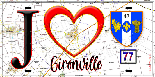 Plaque métal décorative  J' ❤️Gironville, Seine et Marne (77) fond carte