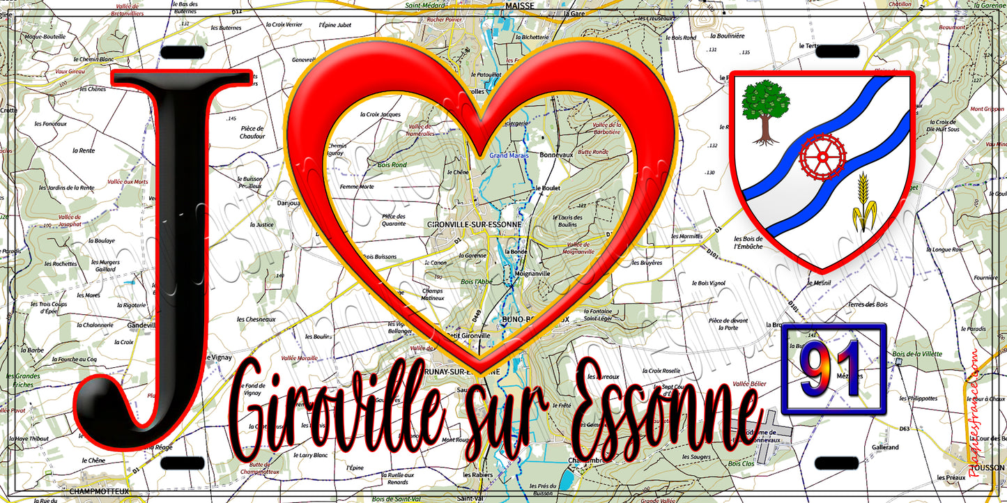 Plaque métal décorative  J' ❤️Gironville-sur-Essonne, Essonne (91) fond carte