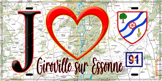 Plaque métal décorative  J' ❤️Gironville-sur-Essonne, Essonne (91) fond carte