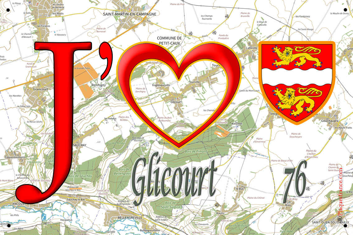 Plaque métal décorative 20x30 J' ❤️ Glicourt, Seine Maritime (76)