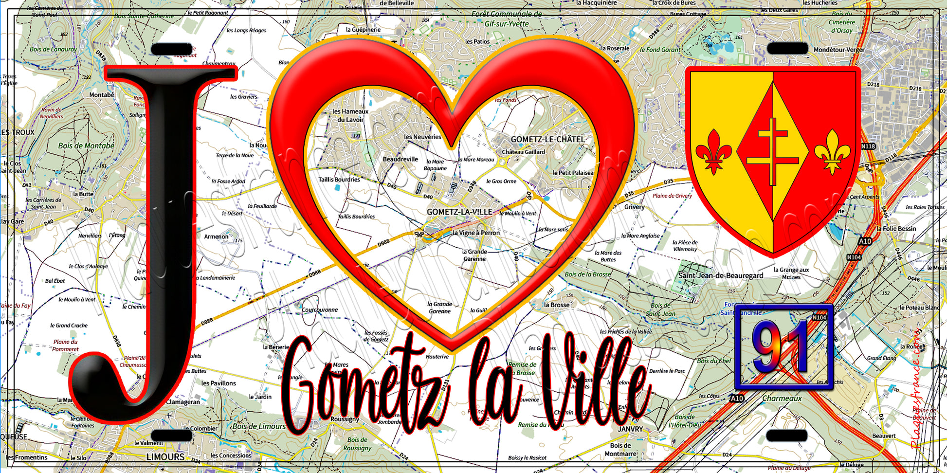 Plaque métal décorative  J' ❤️Gometz-la-Ville, Essonne (91) fond carte