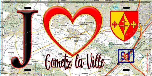 Plaque métal décorative  J' ❤️Gometz-la-Ville, Essonne (91) fond carte