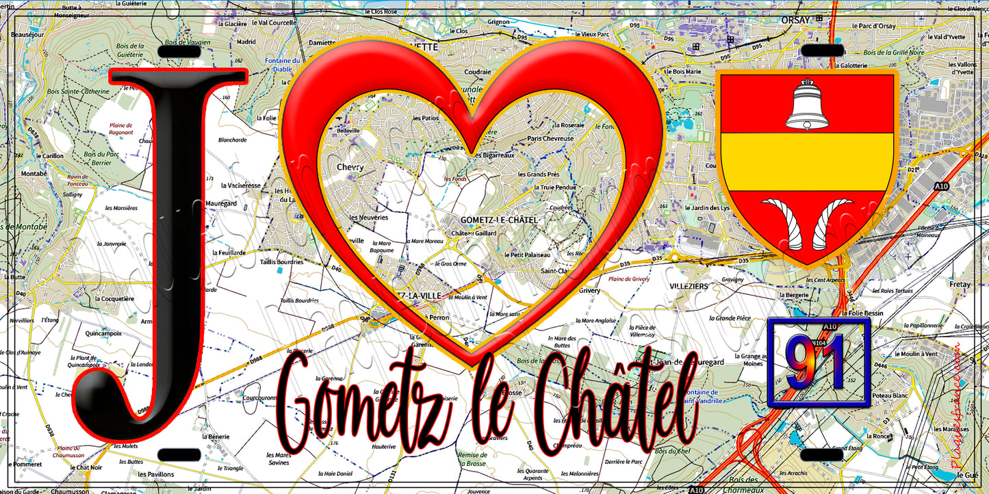 Plaque métal décorative  J' ❤️Gometz-le-Châtel, Essonne (91) fond carte