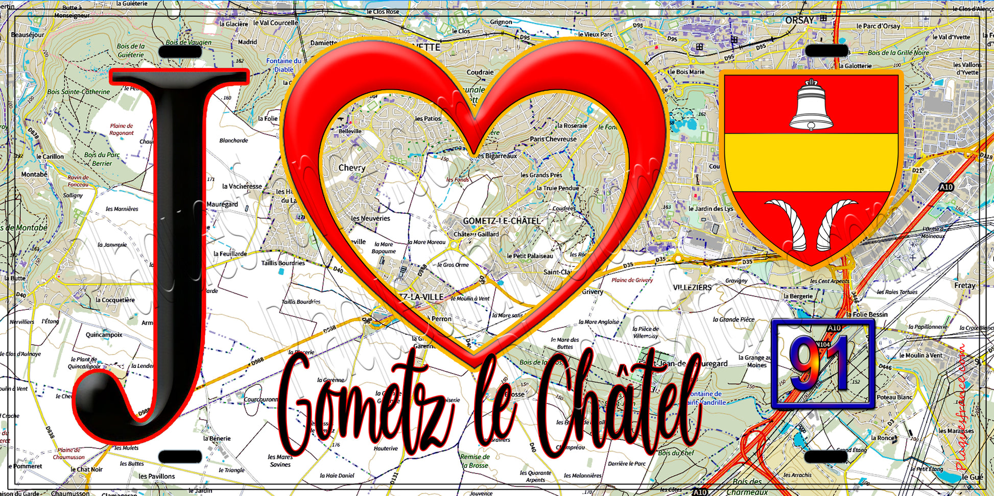 Plaque métal décorative  J' ❤️Gometz-le-Châtel, Essonne (91) fond carte