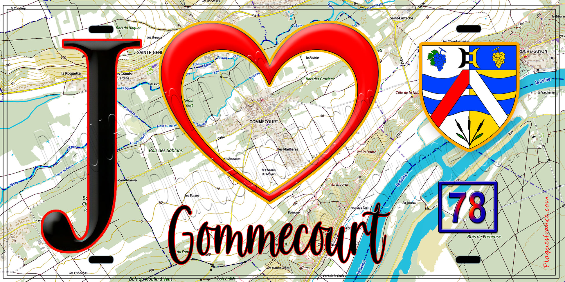 Plaque métal décorative  J' ❤️ Gommecourt, Yvelines (78) fond carte