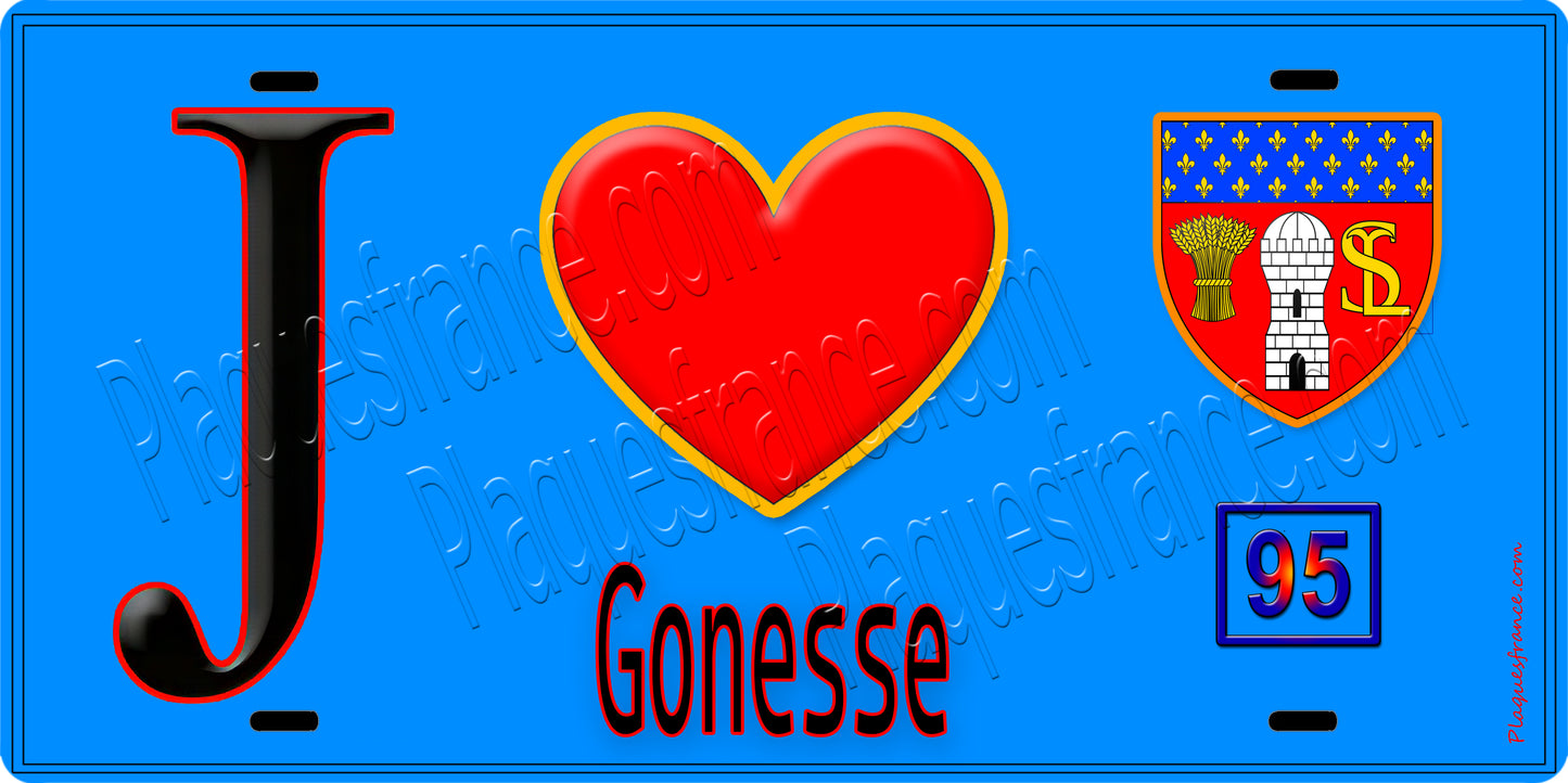 Plaque métal décorative  J' ❤️Gonesse, Val d'Oise (95) fond bleu