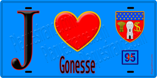 Plaque métal décorative  J' ❤️Gonesse, Val d'Oise (95) fond bleu