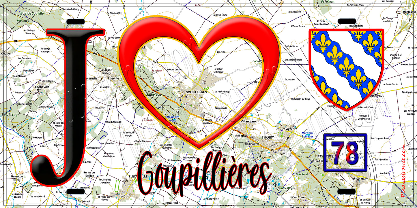 Plaque métal décorative  J' ❤️ Goupillières, Yvelines (78)