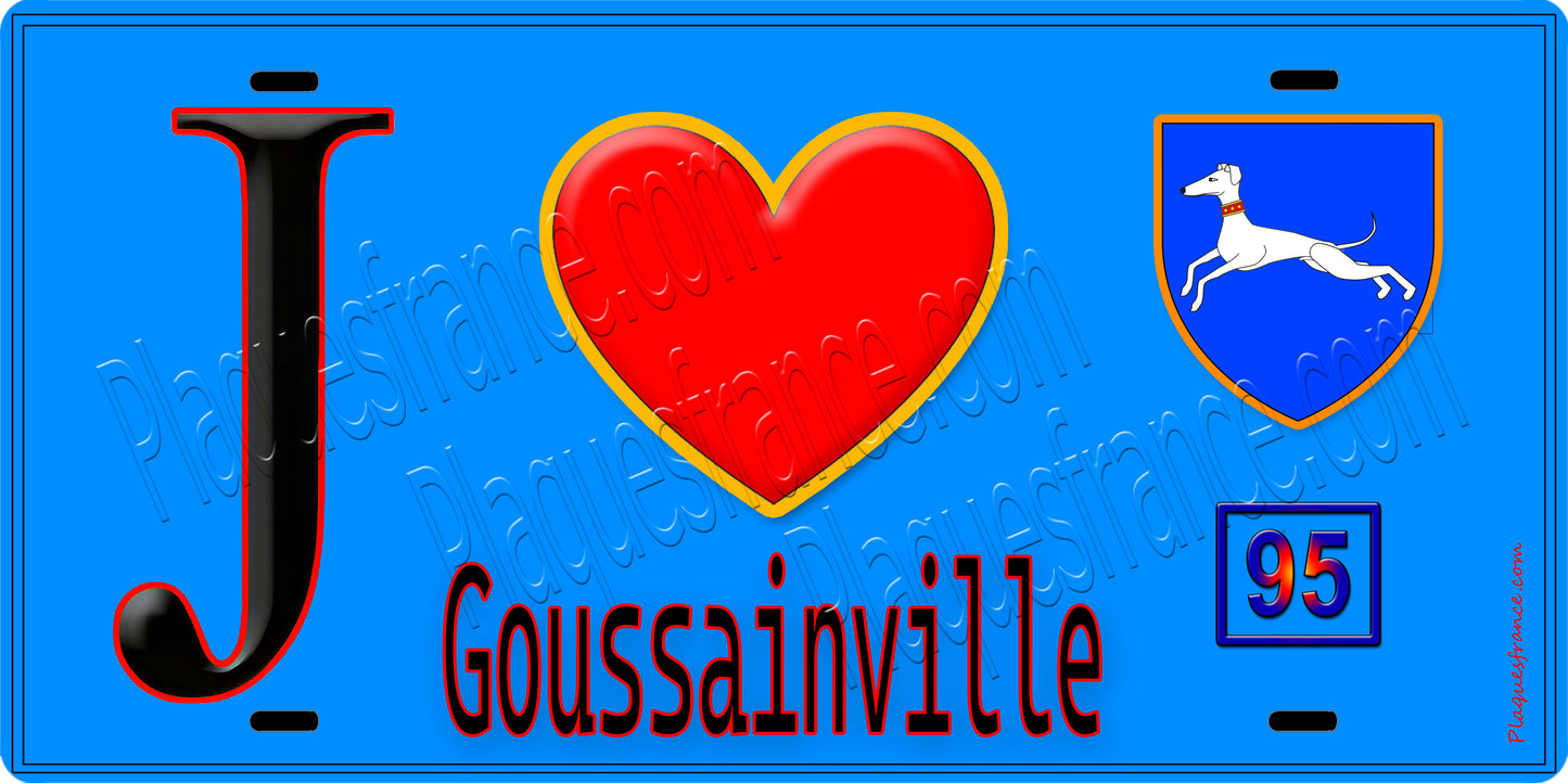 Plaque métal décorative  J' ❤️Goussainville, Val d'Oise (95) fond bleu