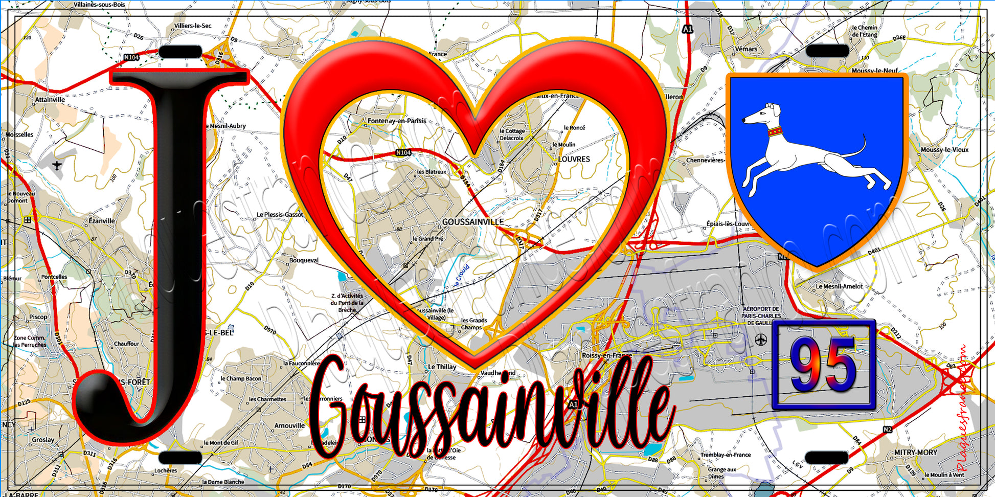 Plaque métal décorative  J' ❤️Goussainville, Val d'Oise (95) carte