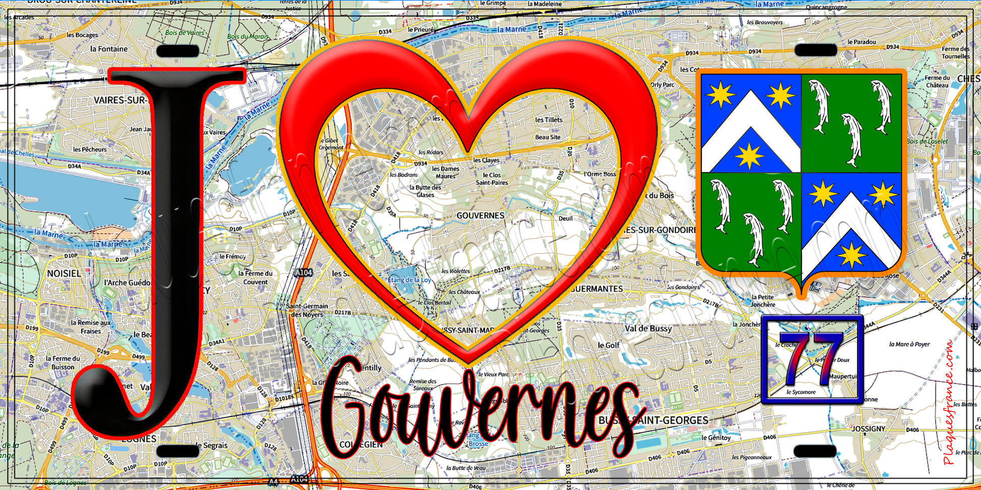 Plaque métal décorative  J' ❤️Gouvernes, Seine et Marne (77) fond carte