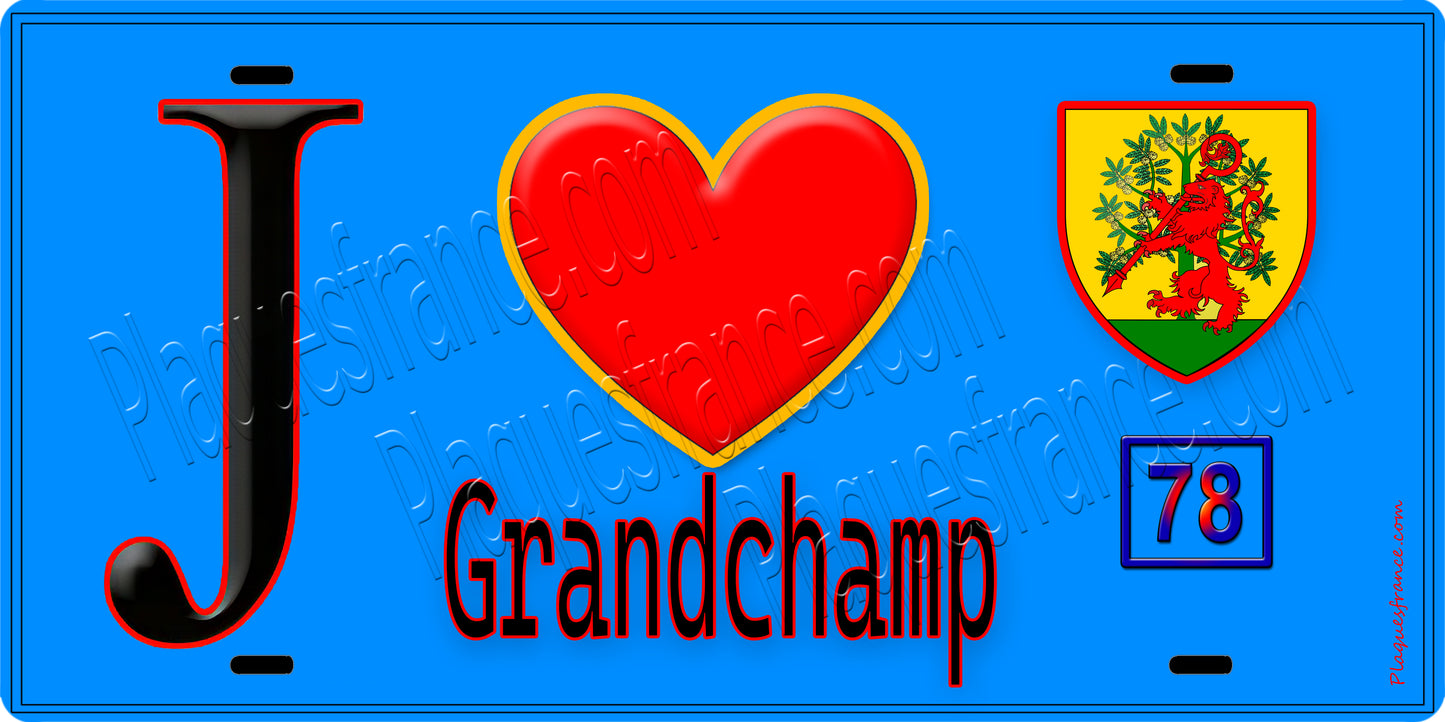 Plaque métal décorative  J' ❤️ Grandchamp, Yvelines (78) fond bleu